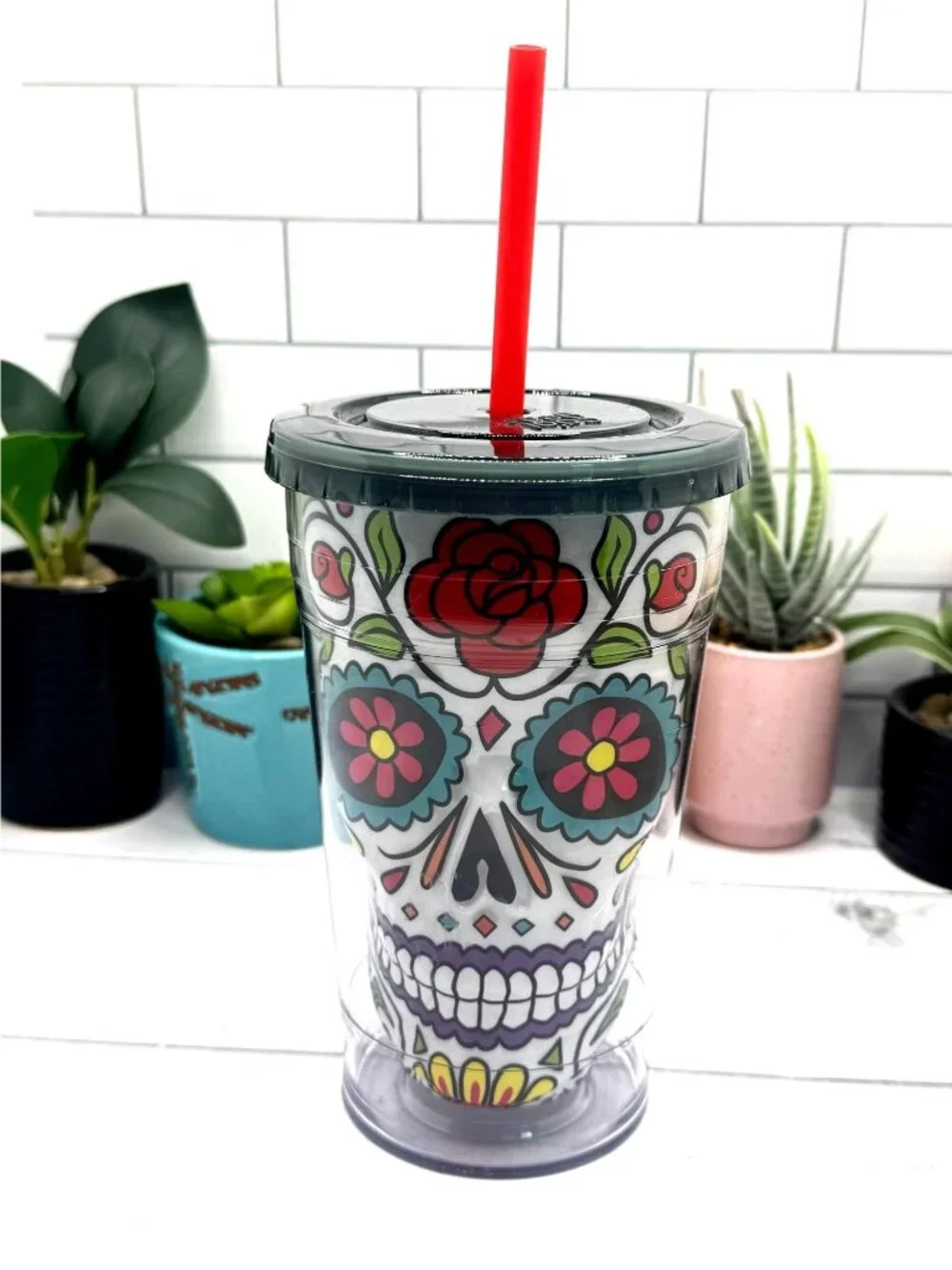 Cool Gear Double Wall Insulated Sugar Skull Tumbler With Straw 18 Oz